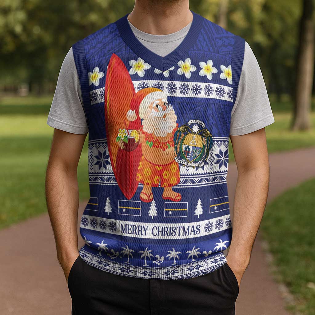 Nauru Christmas Knitted V-Neck Vest Cute Santa Coat Of Arms Merry Xmas - Polynesian Pride
