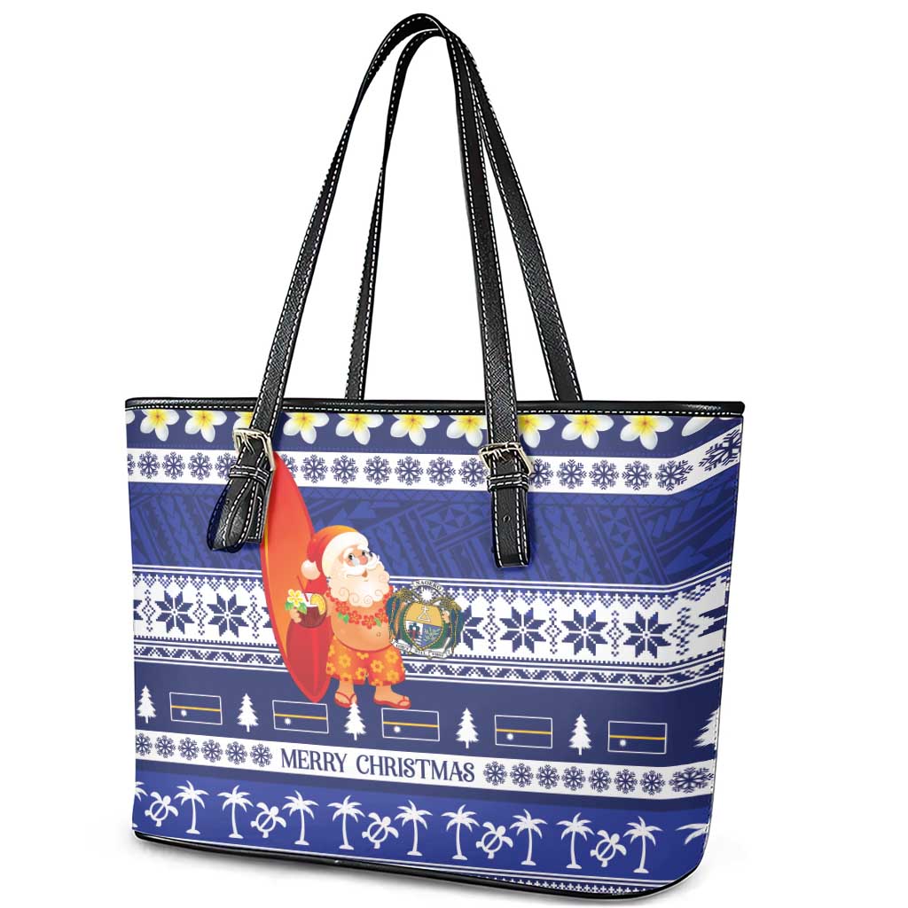 Nauru Christmas Leather Tote Bag Cute Santa Coat Of Arms Merry Xmas - Polynesian Pride