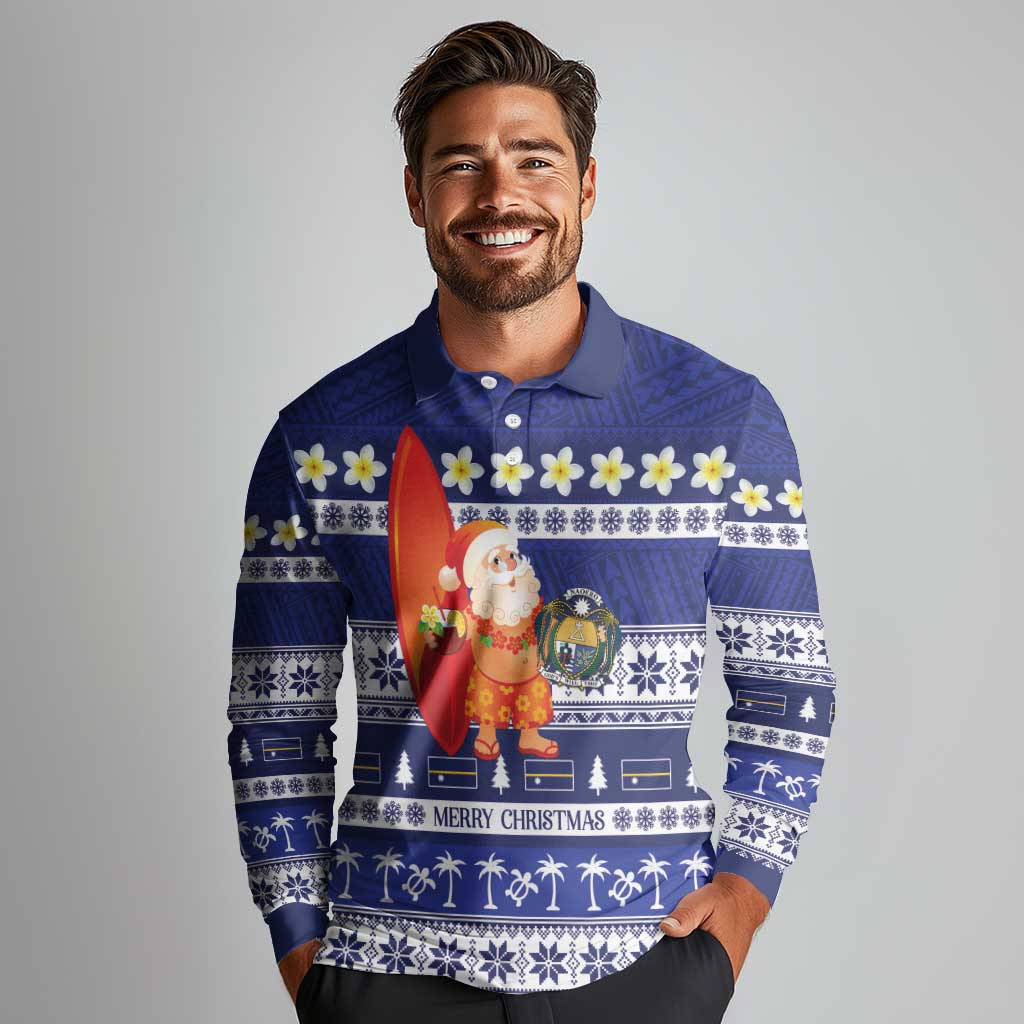 Nauru Christmas Long Sleeve Polo Shirt Cute Santa Coat Of Arms Merry Xmas - Polynesian Pride