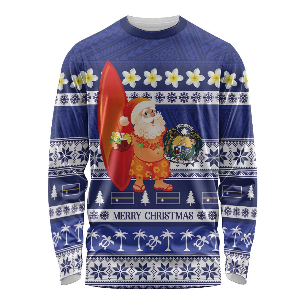 Nauru Christmas Long Sleeve Shirt Cute Santa Coat Of Arms Merry Xmas - Polynesian Pride