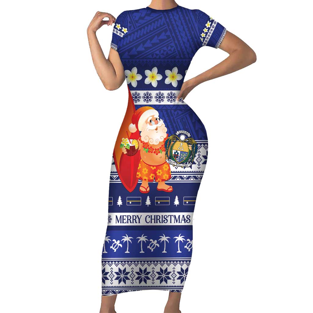 Nauru Christmas Short Sleeve Bodycon Dress Cute Santa Coat Of Arms Merry Xmas - Polynesian Pride