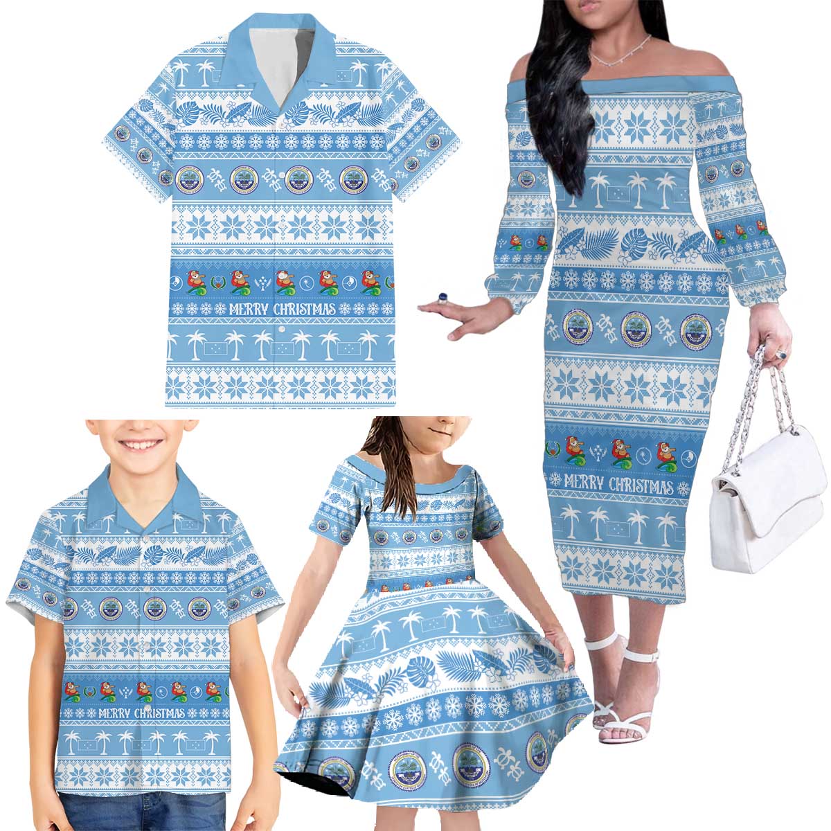 FSM Christmas Family Matching Off The Shoulder Long Sleeve Dress and Hawaiian Shirt Merry Xmas Federated States of Micronesia - Polynesian Pride