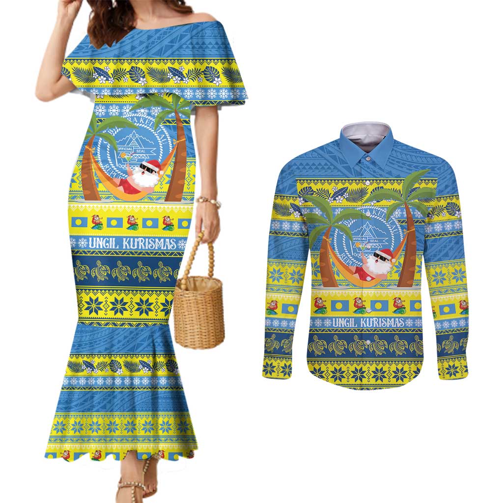 Palau Christmas Couples Matching Mermaid Dress and Long Sleeve Button Shirt Chilling Santa Ungil Kurismas - Polynesian Pride