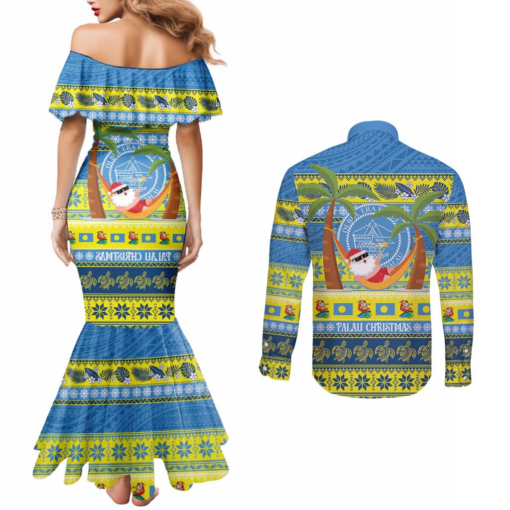 Palau Christmas Couples Matching Mermaid Dress and Long Sleeve Button Shirt Chilling Santa Ungil Kurismas - Polynesian Pride