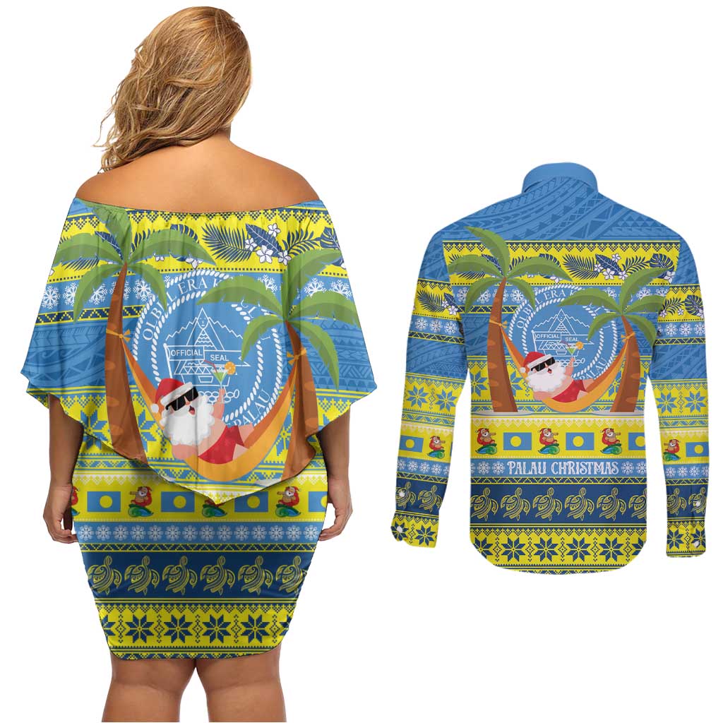 Palau Christmas Couples Matching Off Shoulder Short Dress and Long Sleeve Button Shirt Chilling Santa Ungil Kurismas - Polynesian Pride