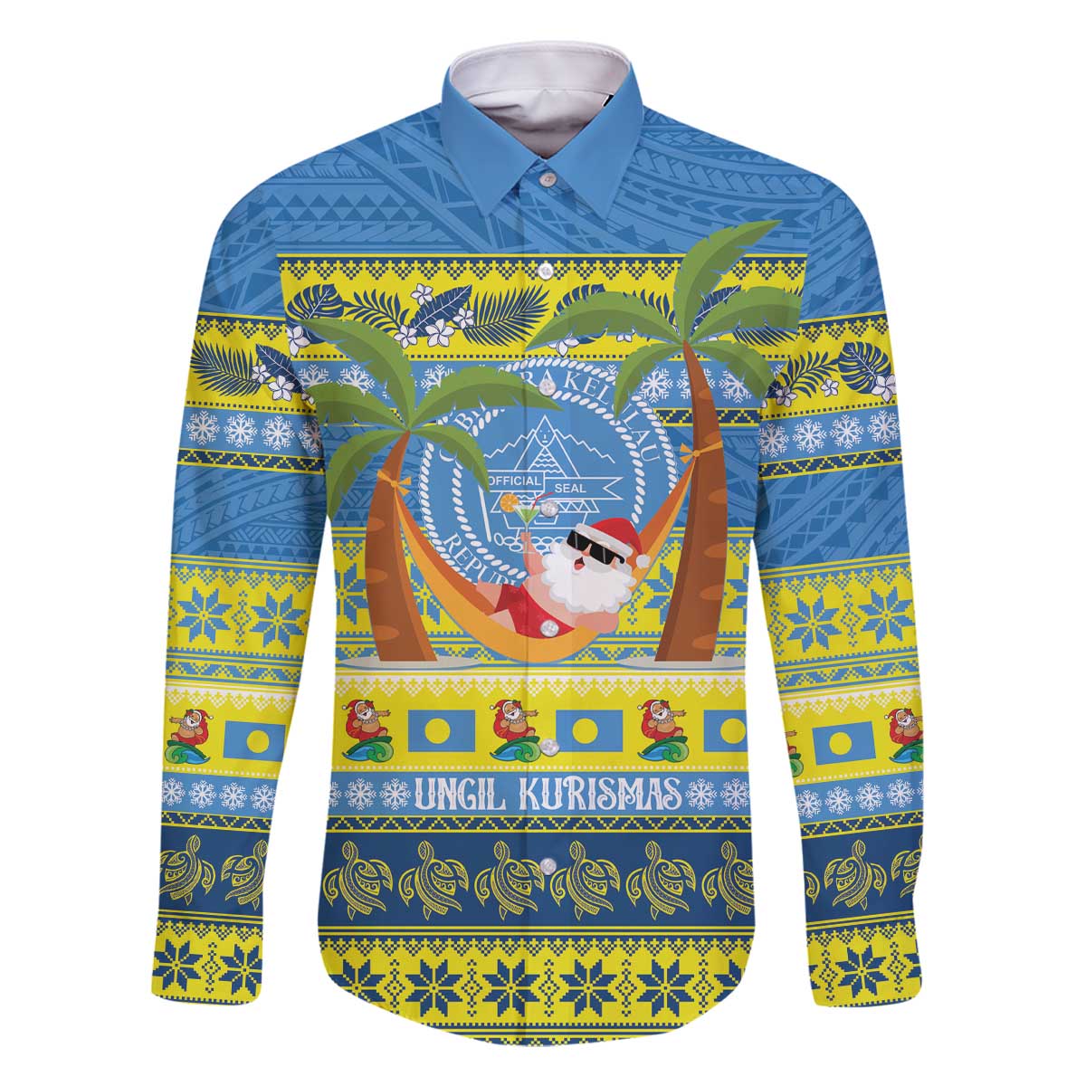 Palau Christmas Family Matching Off The Shoulder Long Sleeve Dress and Hawaiian Shirt Chilling Santa Ungil Kurismas - Polynesian Pride