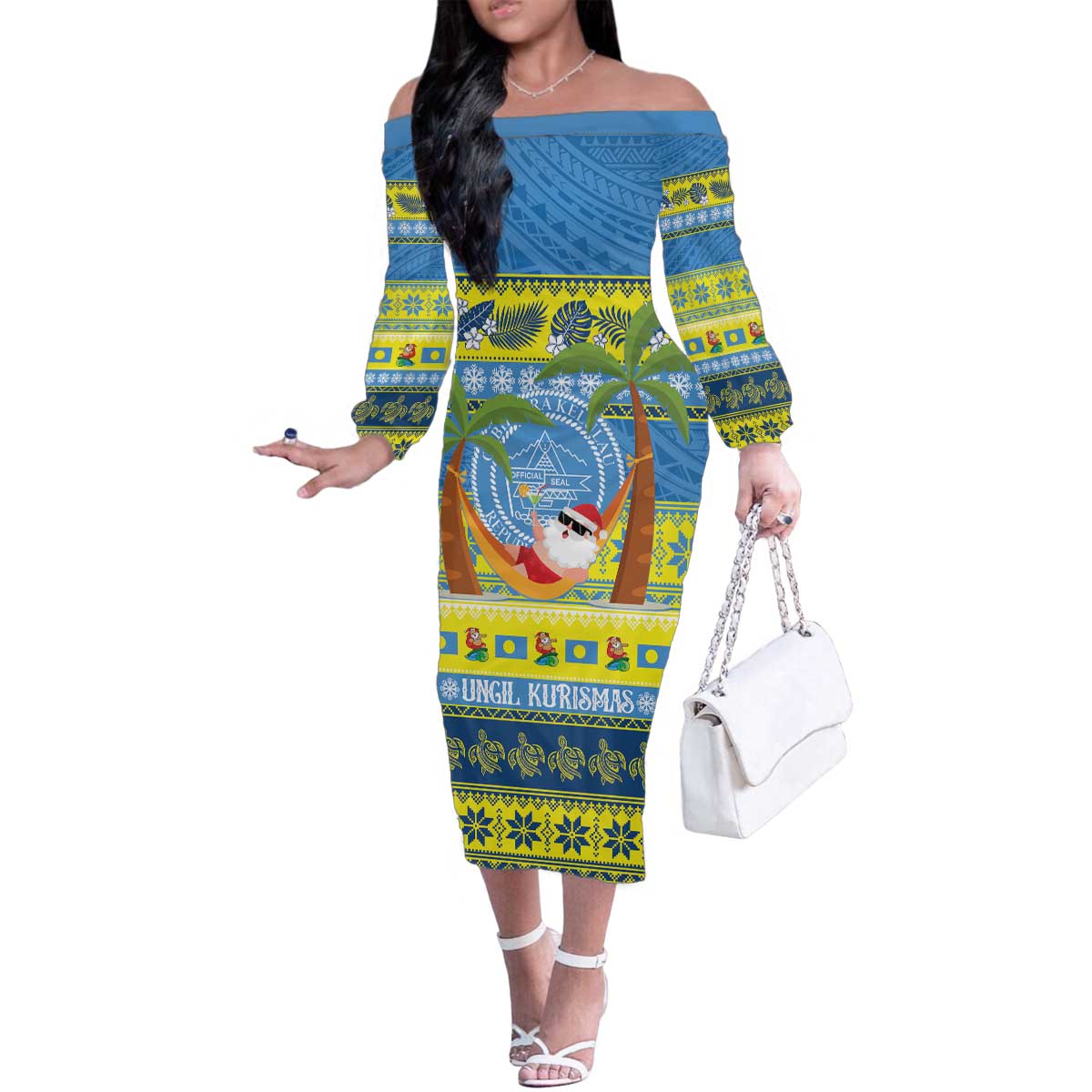 Palau Christmas Family Matching Off The Shoulder Long Sleeve Dress and Hawaiian Shirt Chilling Santa Ungil Kurismas - Polynesian Pride