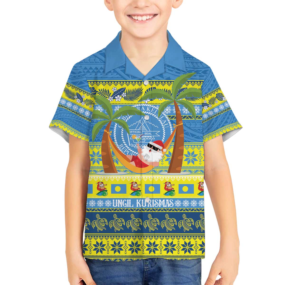 Palau Christmas Family Matching Off The Shoulder Long Sleeve Dress and Hawaiian Shirt Chilling Santa Ungil Kurismas - Polynesian Pride