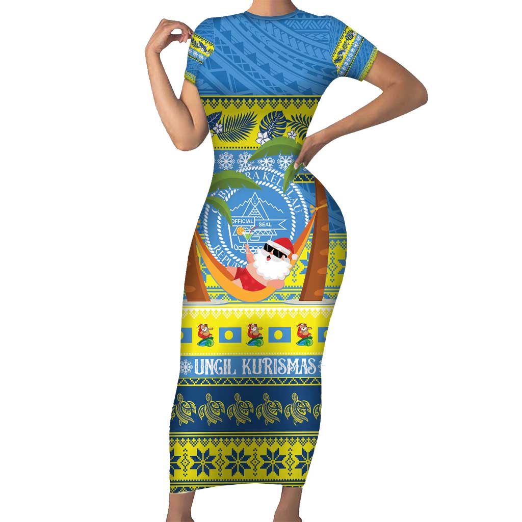 Palau Christmas Short Sleeve Bodycon Dress Chilling Santa Ungil Kurismas - Polynesian Pride