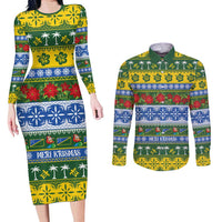 Solomon Islands Christmas Couples Matching Long Sleeve Bodycon Dress and Long Sleeve Button Shirt The Solomons Melanesian Meri Krismas LT14 Green - Polynesian Pride
