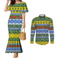 Solomon Islands Christmas Couples Matching Mermaid Dress and Long Sleeve Button Shirt The Solomons Melanesian Meri Krismas LT14 Green - Polynesian Pride