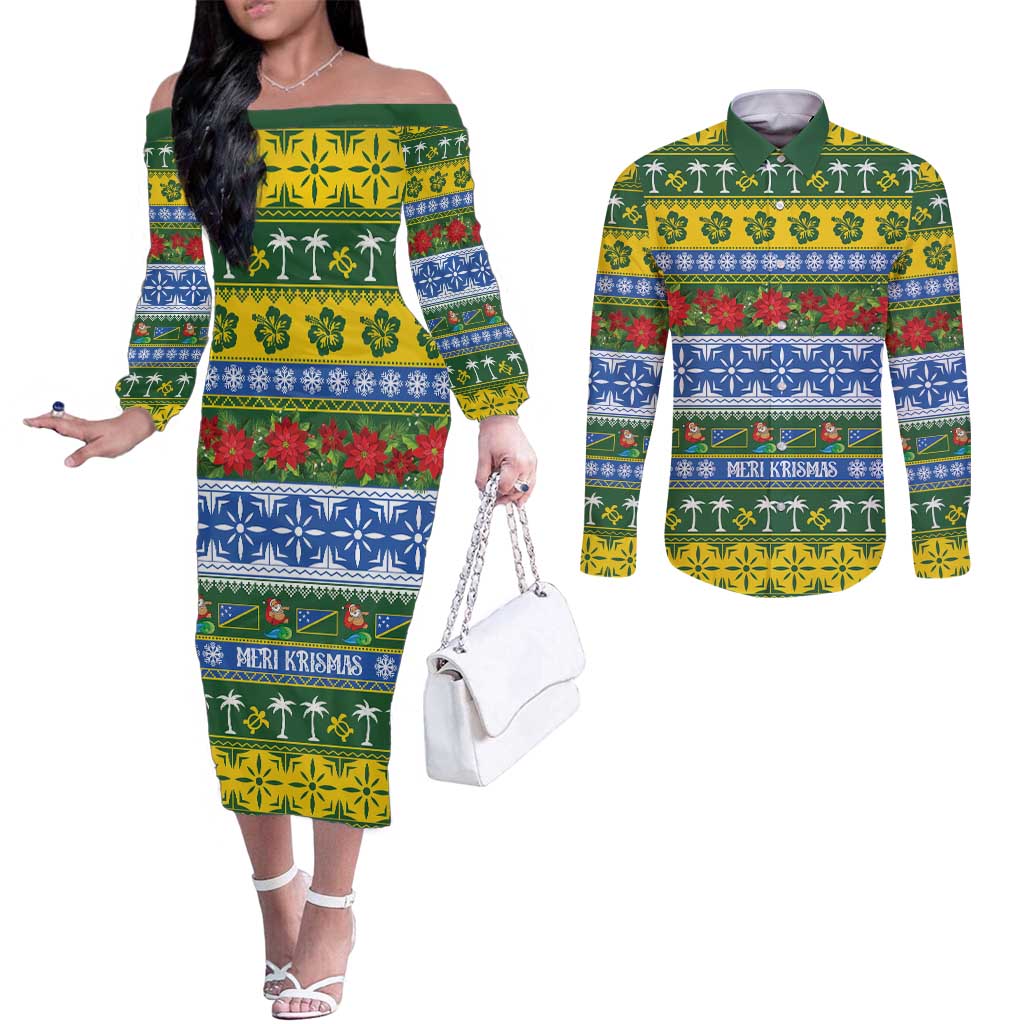 Solomon Islands Christmas Couples Matching Off The Shoulder Long Sleeve Dress and Long Sleeve Button Shirt The Solomons Melanesian Meri Krismas LT14 Green - Polynesian Pride