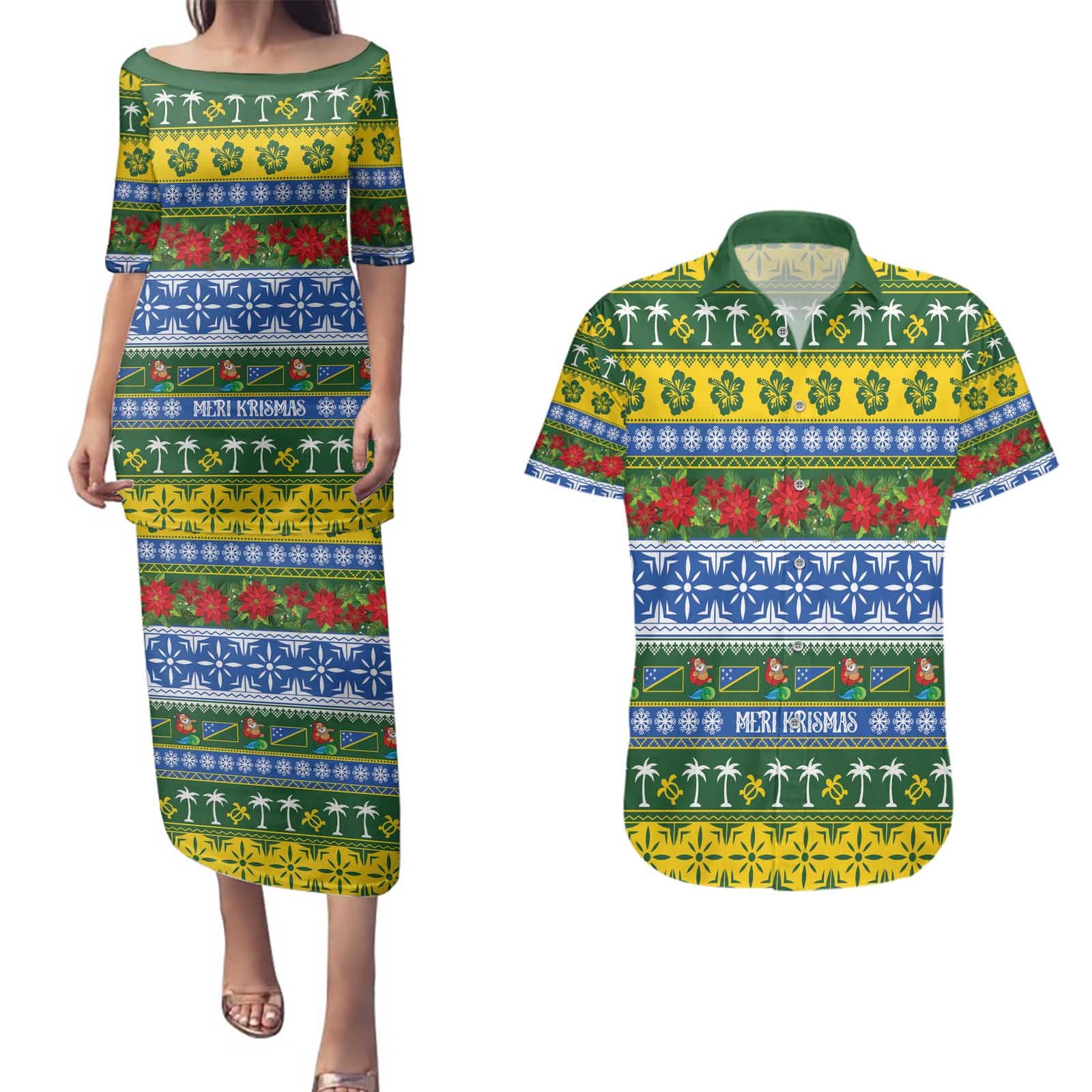 Solomon Islands Christmas Couples Matching Puletasi and Hawaiian Shirt The Solomons Melanesian Meri Krismas - Polynesian Pride