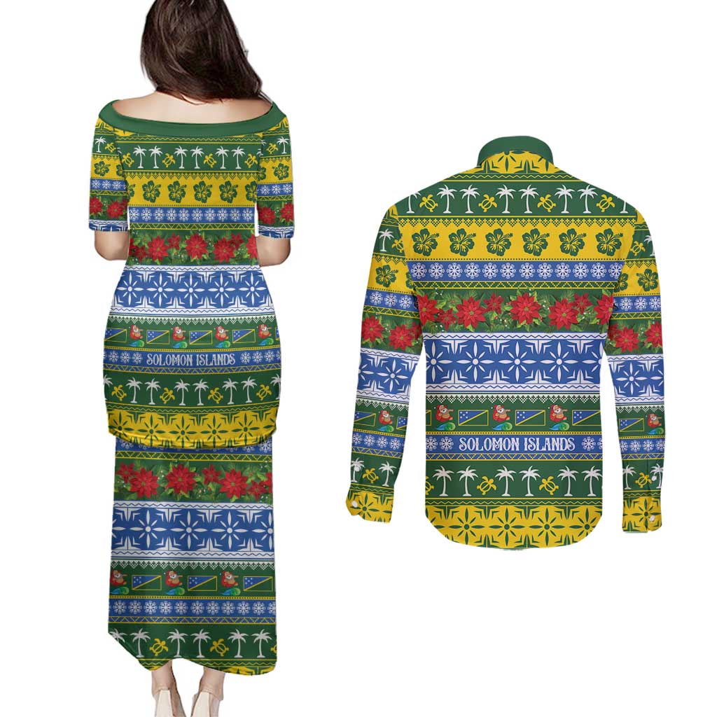 Solomon Islands Christmas Couples Matching Puletasi and Long Sleeve Button Shirt The Solomons Melanesian Meri Krismas - Polynesian Pride