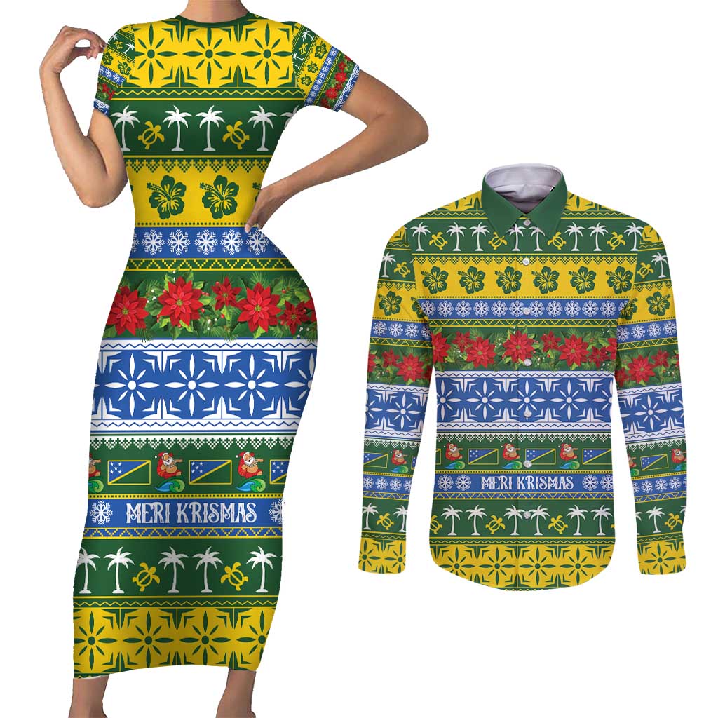 Solomon Islands Christmas Couples Matching Short Sleeve Bodycon Dress and Long Sleeve Button Shirt The Solomons Melanesian Meri Krismas LT14 Green - Polynesian Pride