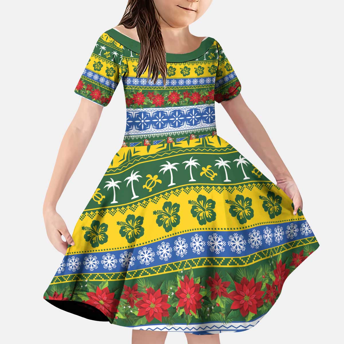 Solomon Islands Christmas Kid Short Sleeve Dress The Solomons Melanesian Meri Krismas LT14 KID Green - Polynesian Pride