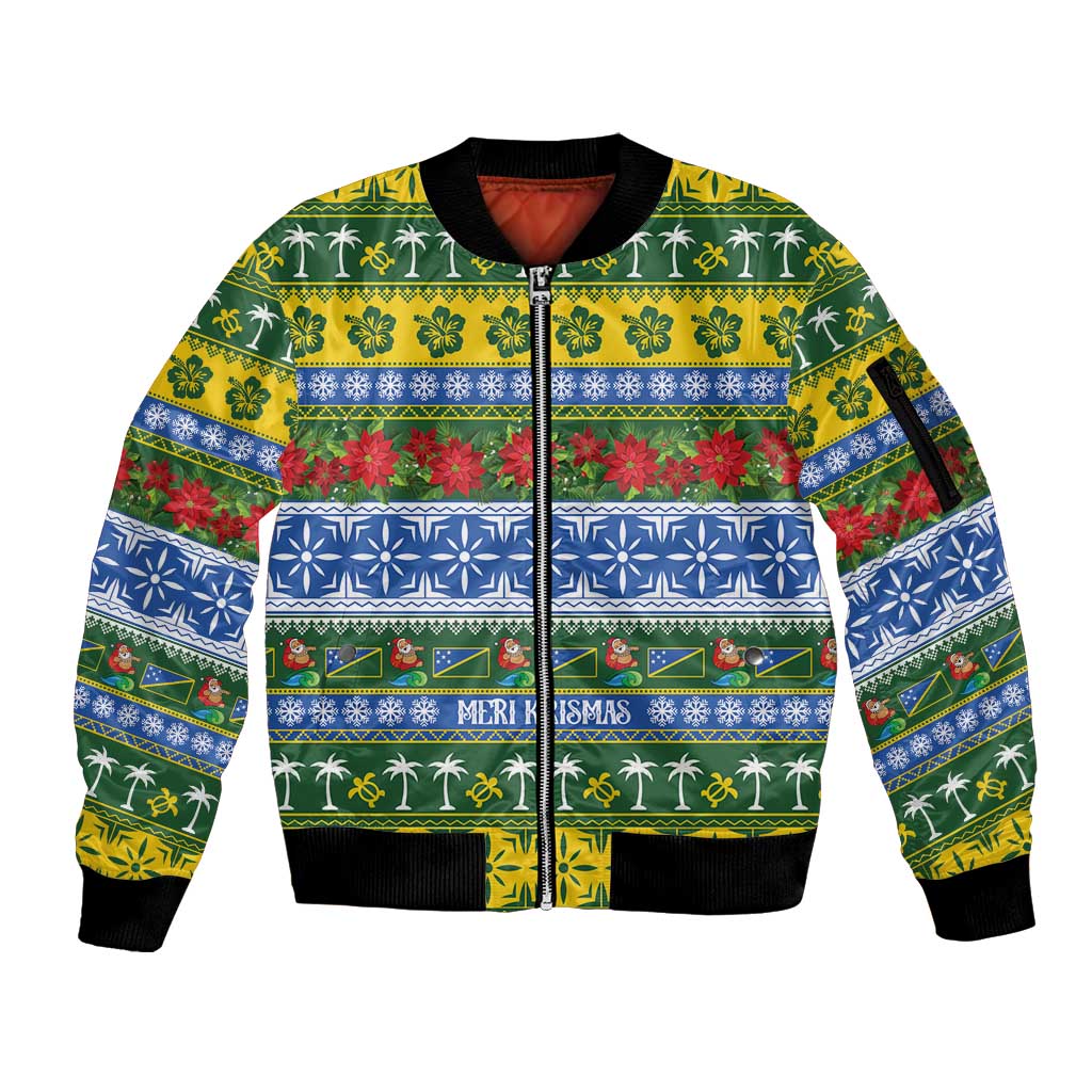 Solomon Islands Christmas Sleeve Zip Bomber Jacket The Solomons Melanesian Meri Krismas - Polynesian Pride