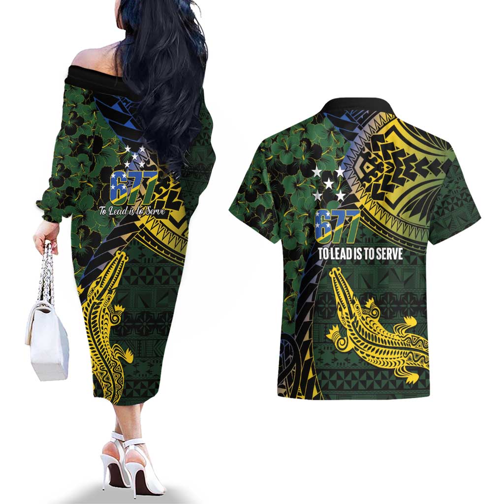 Solomon Islands Couples Matching Off The Shoulder Long Sleeve Dress and Hawaiian Shirt 677 Proud Crocodile Melanesian Pattern - Polynesian Pride