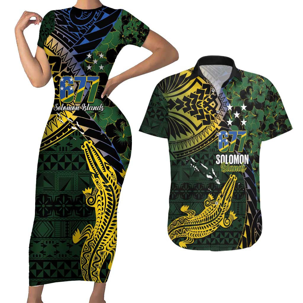 Solomon Islands Couples Matching Short Sleeve Bodycon Dress and Hawaiian Shirt 677 Proud Crocodile Melanesian Pattern - Polynesian Pride