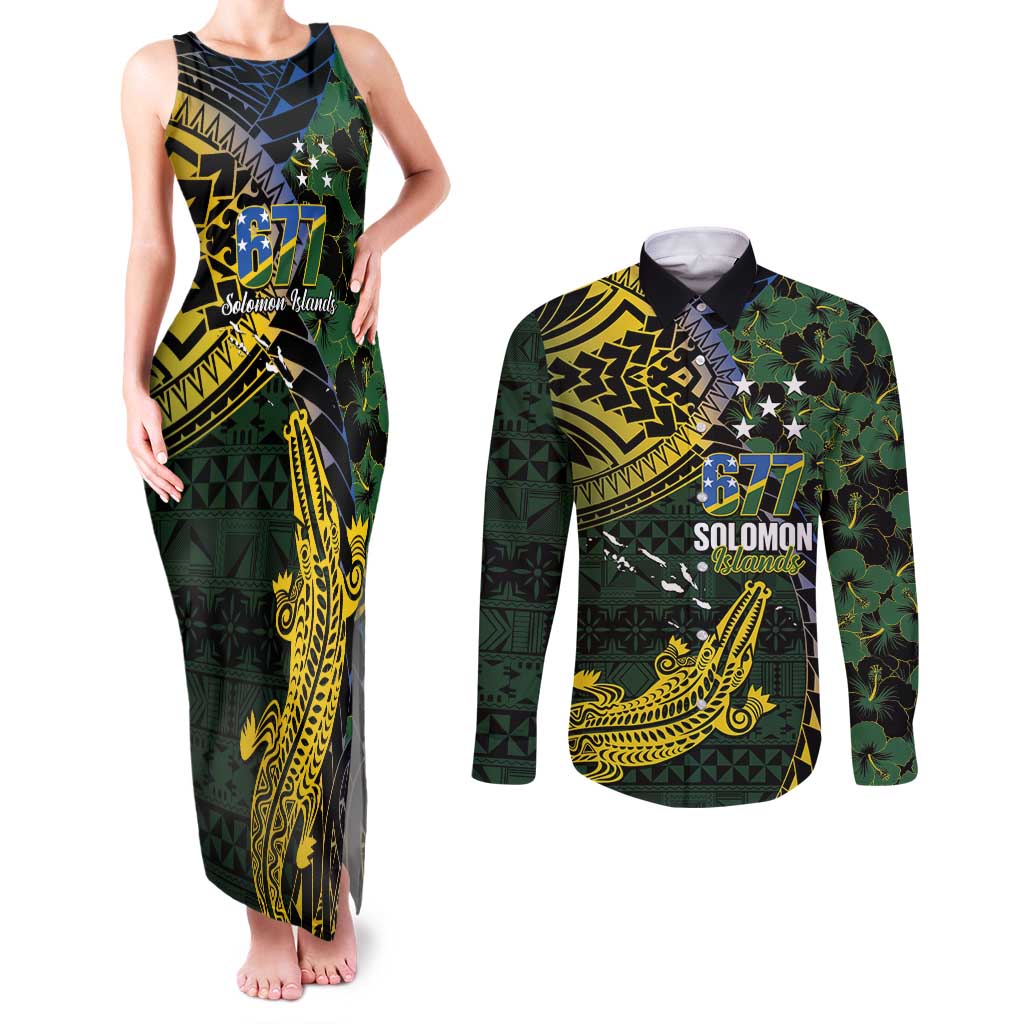 Solomon Islands Couples Matching Tank Maxi Dress and Long Sleeve Button Shirt 677 Proud Crocodile Melanesian Pattern - Polynesian Pride