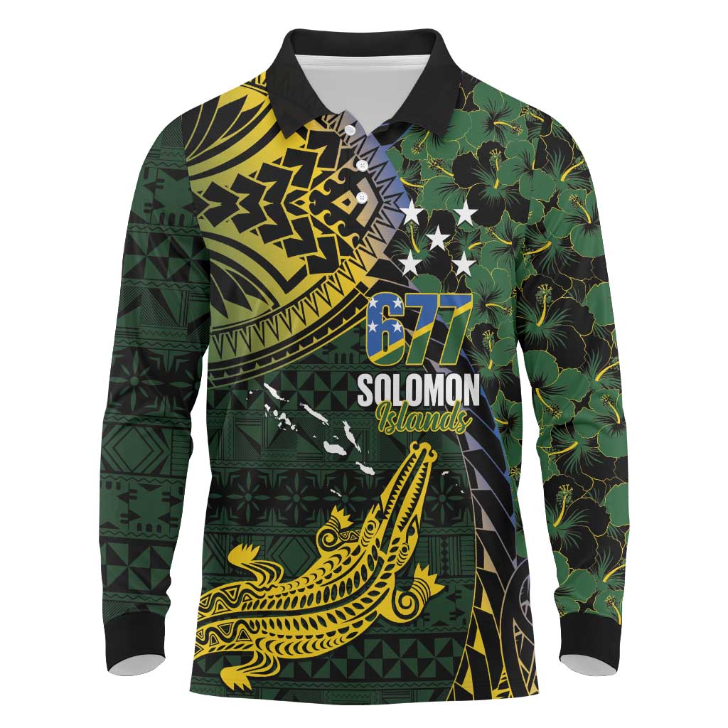 Solomon Islands Long Sleeve Polo Shirt 677 Proud Crocodile Melanesian Pattern - Polynesian Pride