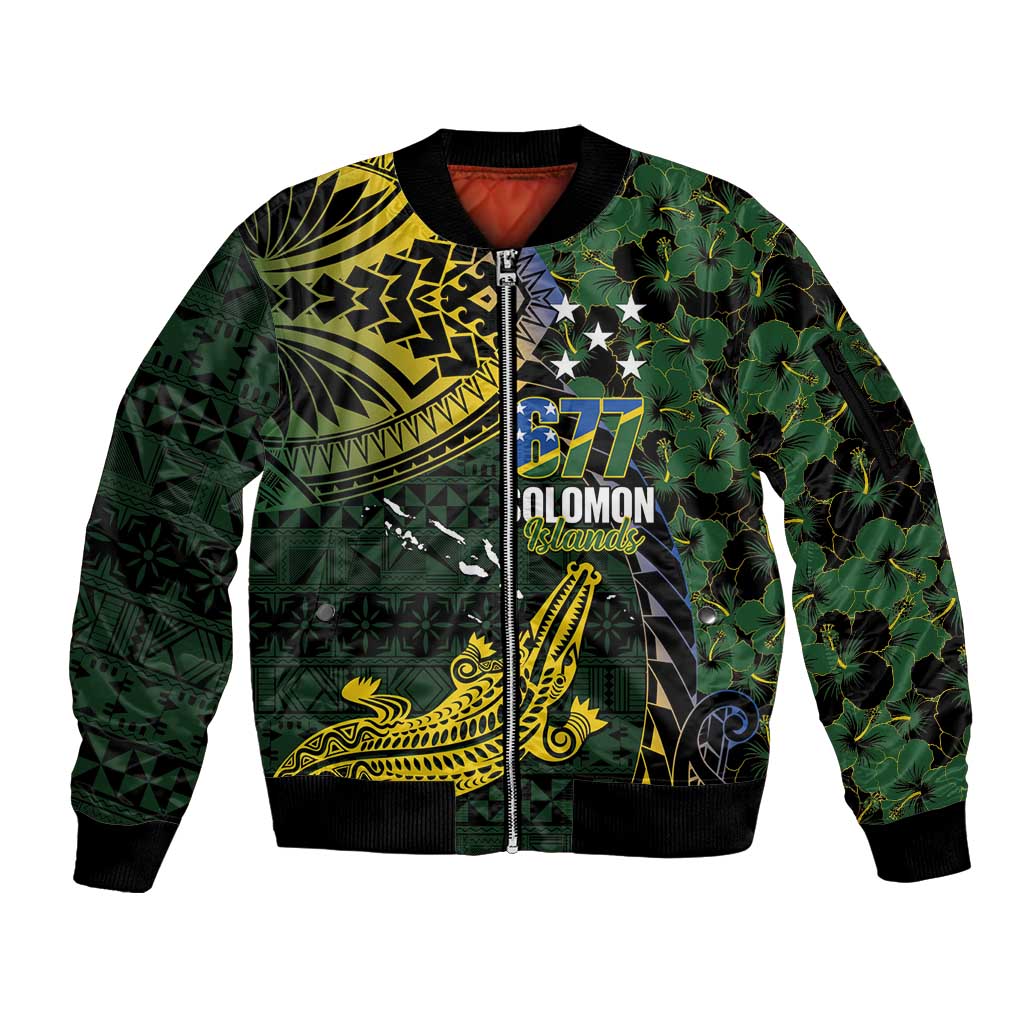 Solomon Islands Sleeve Zip Bomber Jacket 677 Proud Crocodile Melanesian Pattern - Polynesian Pride