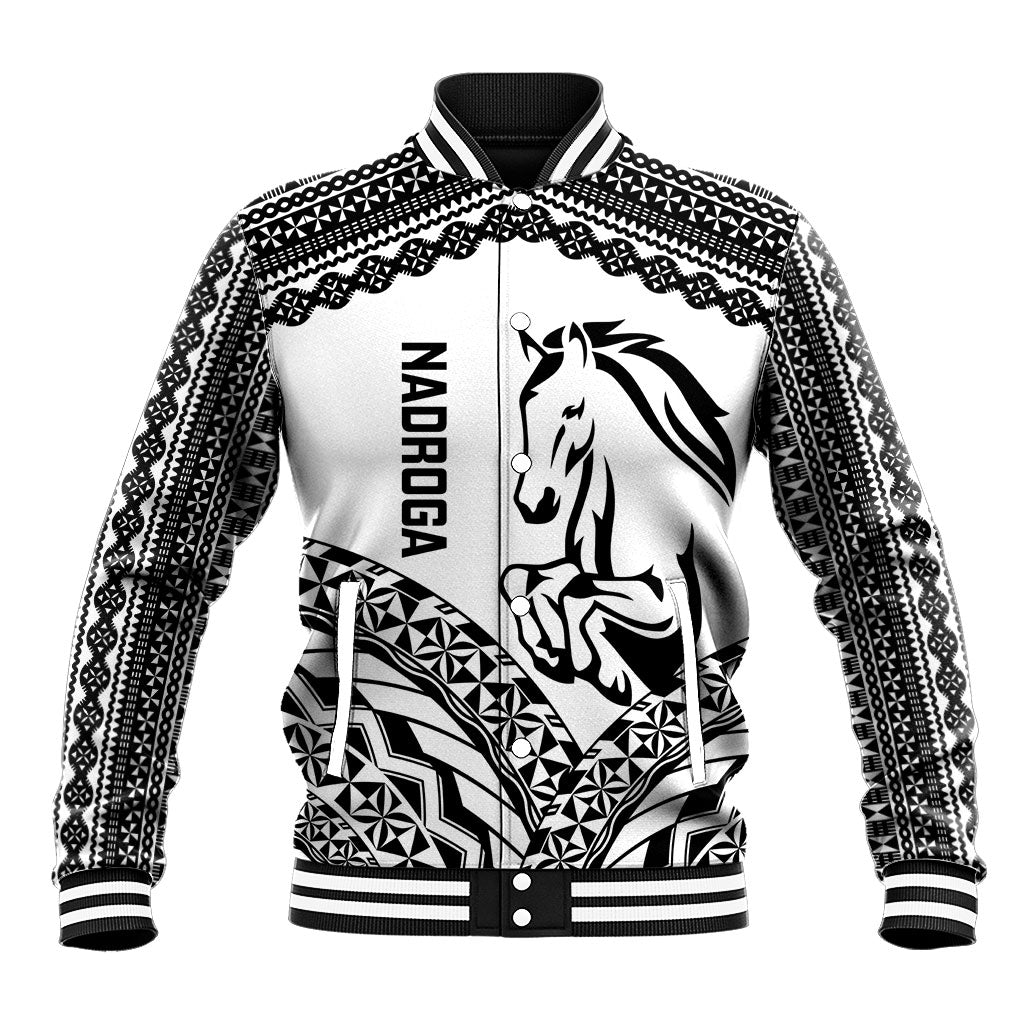 Nadroga Fiji 2026 Rugby Custom Baseball Jacket Stallion Fijian Tapa Pattern LT14 Unisex White - Polynesian Pride