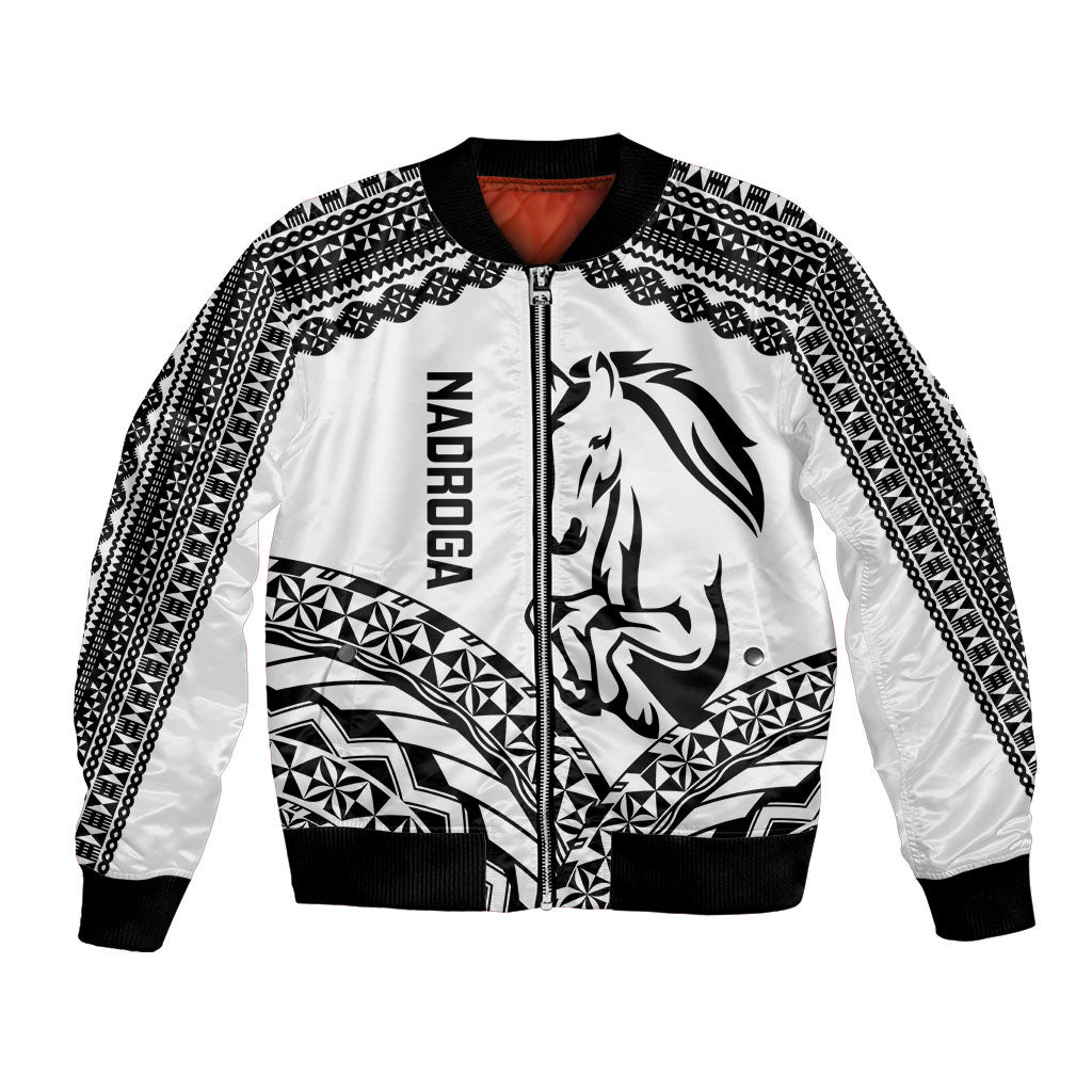 Nadroga Fiji 2026 Rugby Custom Bomber Jacket Stallion Fijian Tapa Pattern LT14 Unisex White - Polynesian Pride