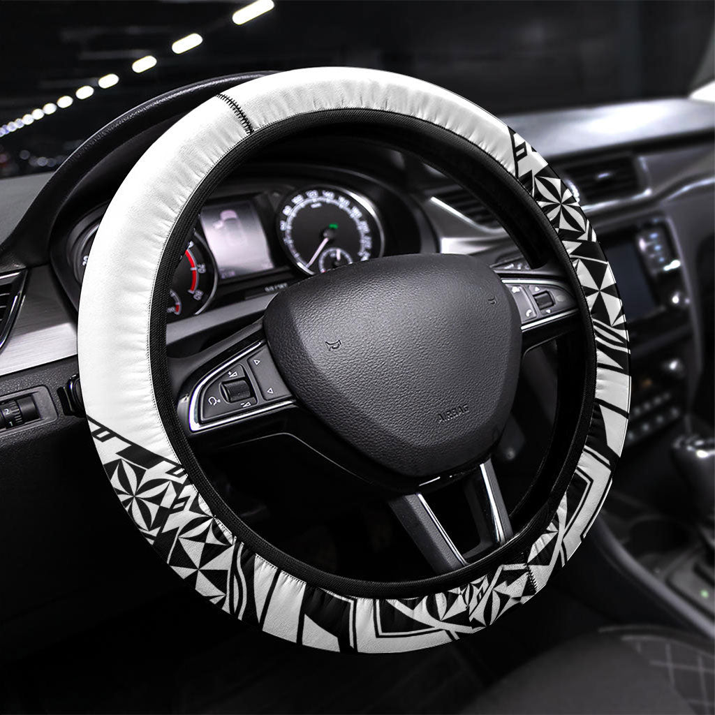 Nadroga Fiji 2026 Rugby Steering Wheel Cover Stallion Fijian Tapa Pattern LT14 Universal Fit White - Polynesian Pride