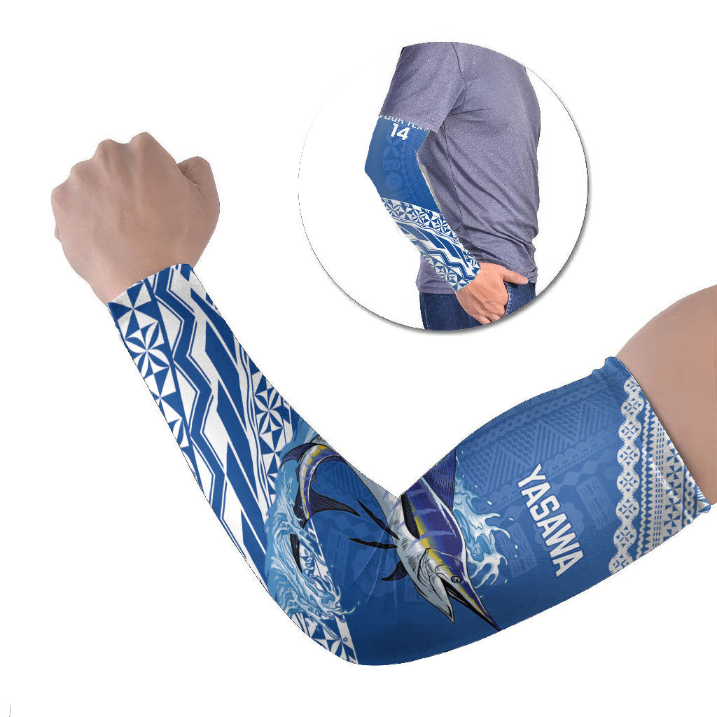 Yasawa Fiji 2026 Rugby Custom Arm Sleeves Marlin Fijian Tapa Pattern LT14 Set of 2 Blue - Polynesian Pride