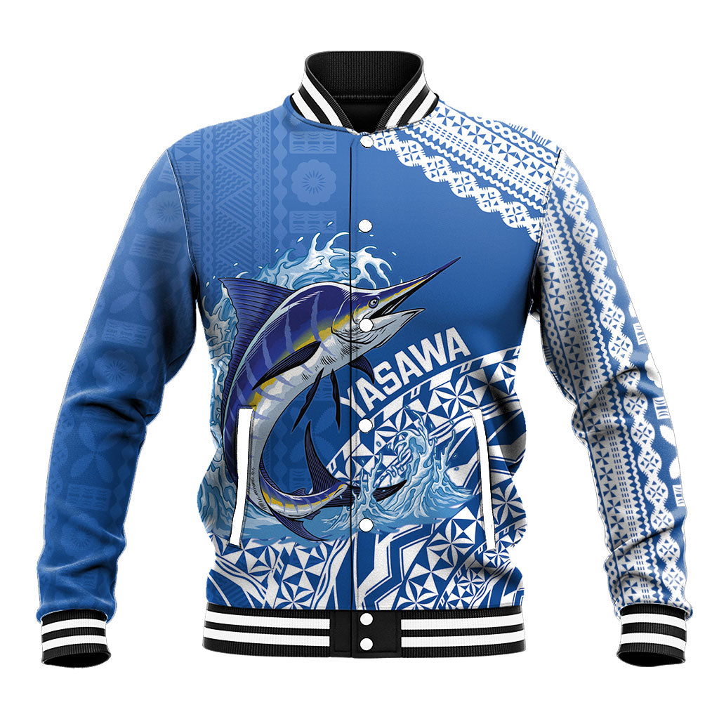Yasawa Fiji 2026 Rugby Custom Baseball Jacket Marlin Fijian Tapa Pattern LT14 Unisex Blue - Polynesian Pride