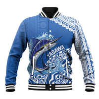Yasawa Fiji 2026 Rugby Custom Baseball Jacket Marlin Fijian Tapa Pattern LT14 Unisex Blue - Polynesian Pride