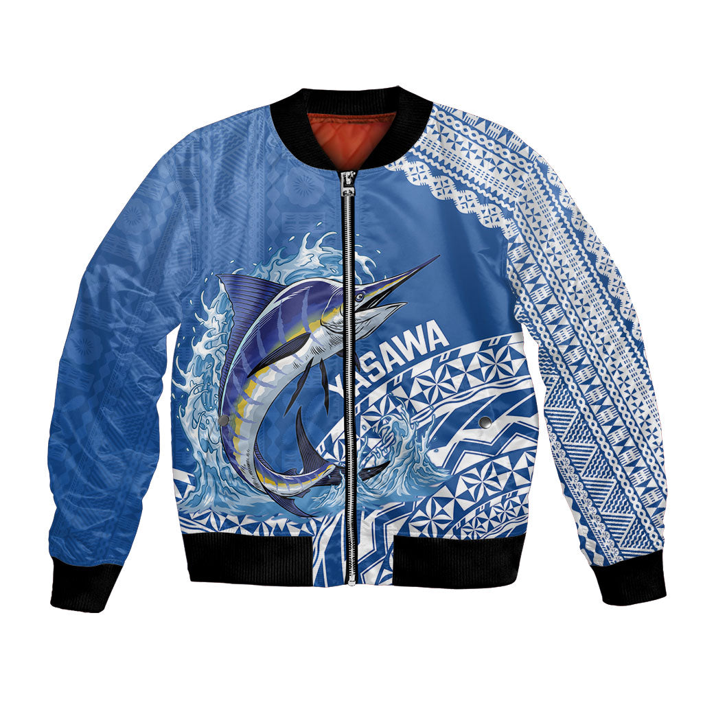 Yasawa Fiji 2026 Rugby Custom Bomber Jacket Marlin Fijian Tapa Pattern LT14 Unisex Blue - Polynesian Pride