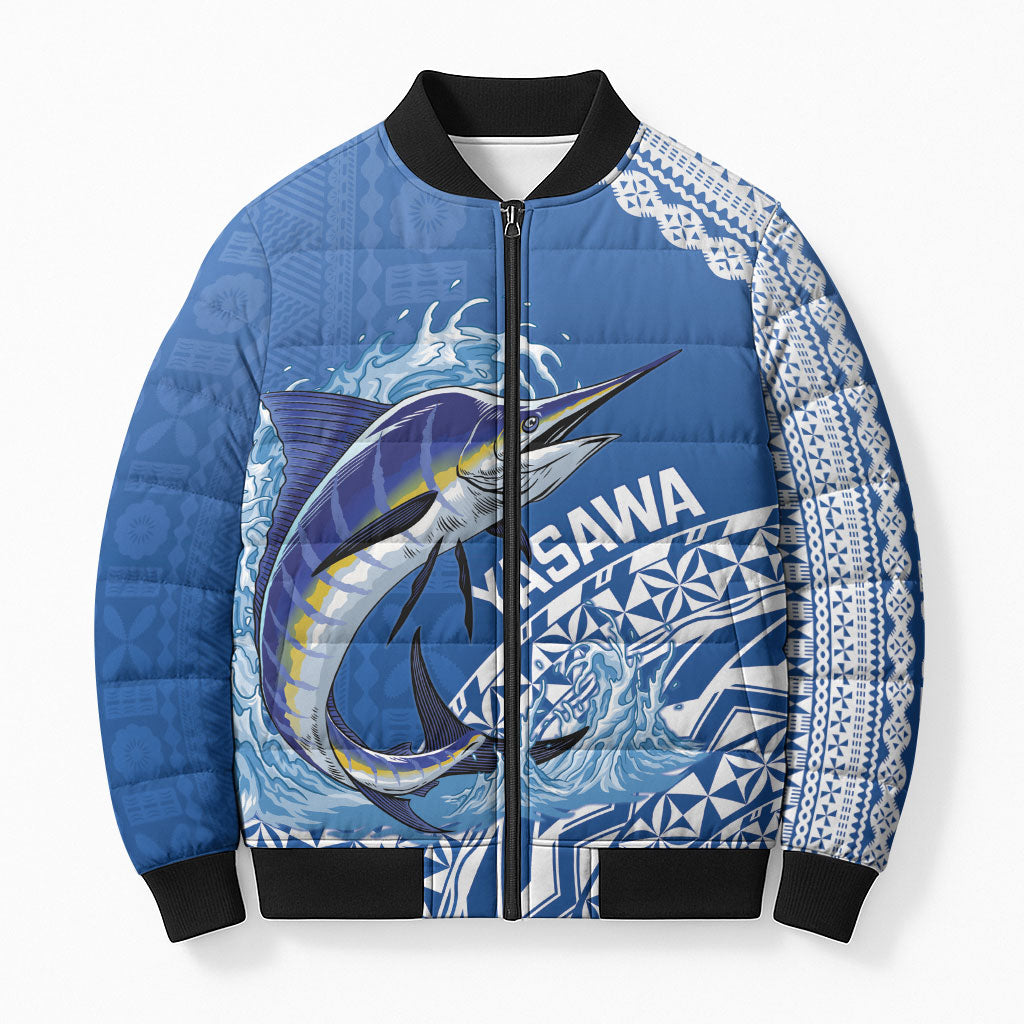 Yasawa Fiji 2026 Rugby Custom Bomber Puffer Jacket Marlin Fijian Tapa Pattern LT14 Unisex Blue - Polynesian Pride
