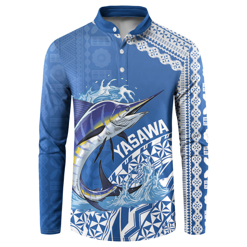 Yasawa Fiji 2026 Rugby Custom Button Sweatshirt Marlin Fijian Tapa Pattern LT14 Blue - Polynesian Pride