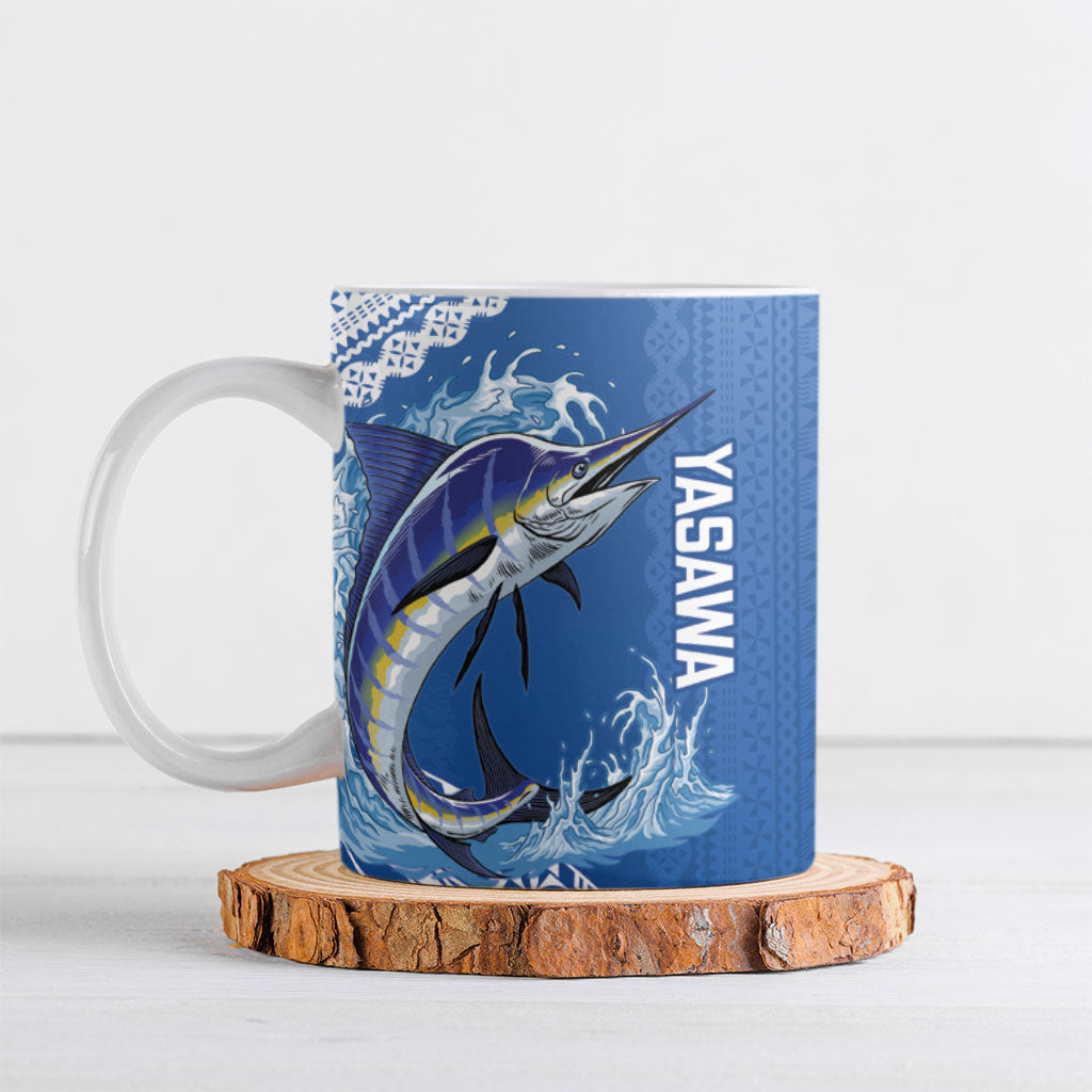Yasawa Fiji 2026 Rugby Custom Ceramic Mug Marlin Fijian Tapa Pattern LT14 Blue - Polynesian Pride