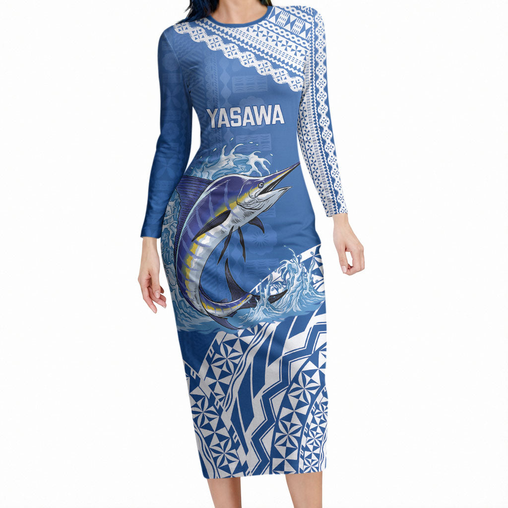 Yasawa Fiji 2026 Rugby Custom Long Sleeve Bodycon Dress Marlin Fijian Tapa Pattern LT14 Long Dress Blue - Polynesian Pride