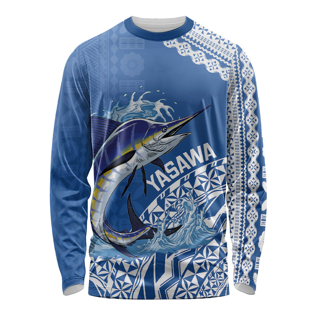 Yasawa Fiji 2026 Rugby Custom Long Sleeve Shirt Marlin Fijian Tapa Pattern LT14 Unisex Blue - Polynesian Pride