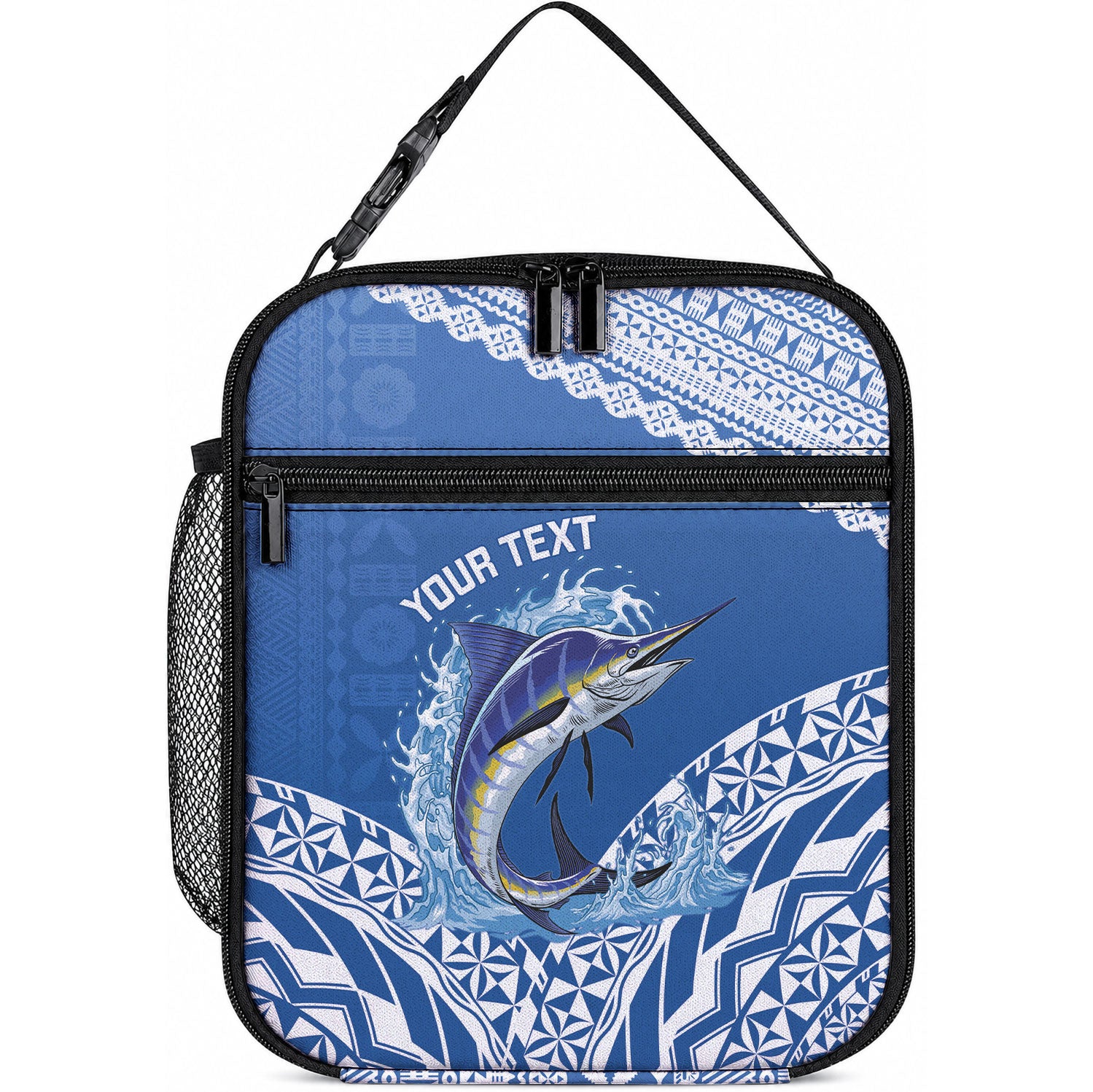 Yasawa Fiji 2026 Rugby Custom Lunch Bag Marlin Fijian Tapa Pattern LT14 10.2 × 8.3 × 4.3 inch Blue - Polynesian Pride