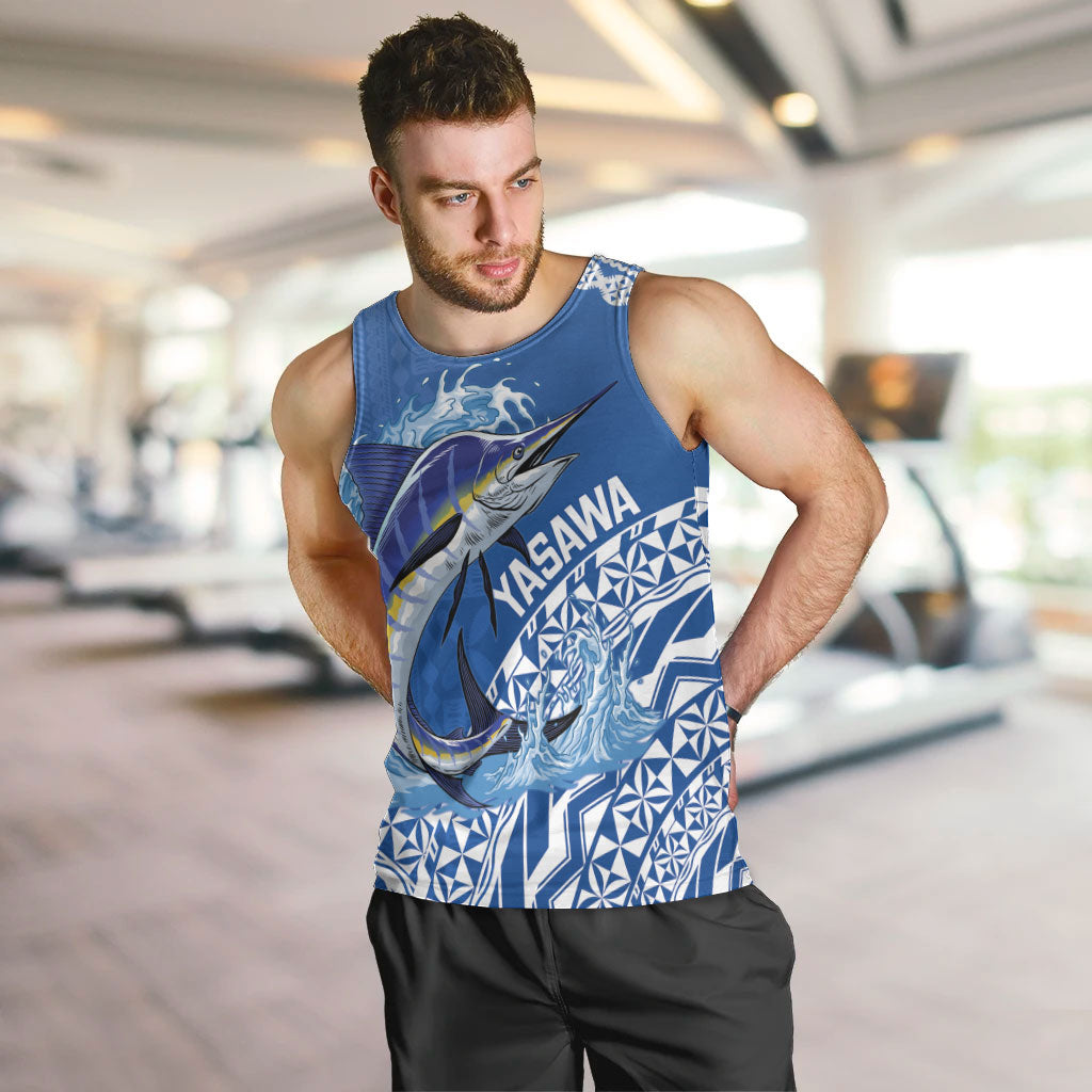 Yasawa Fiji 2026 Rugby Custom Men Tank Top Marlin Fijian Tapa Pattern LT14 Blue - Polynesian Pride