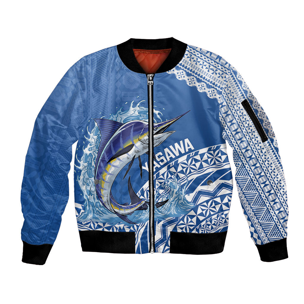 Yasawa Fiji 2026 Rugby Custom Sleeve Zip Bomber Jacket Marlin Fijian Tapa Pattern LT14 Unisex Blue - Polynesian Pride