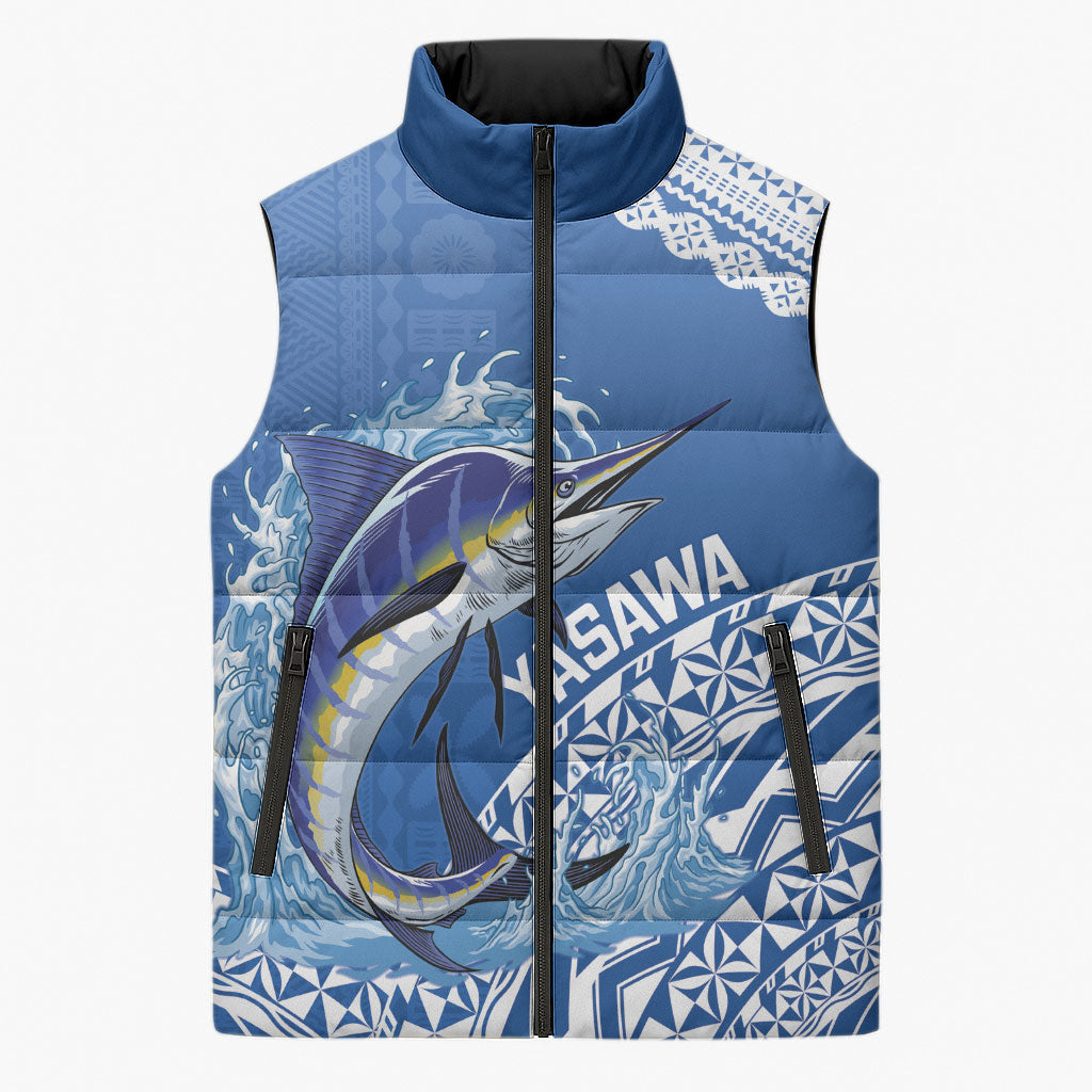 Yasawa Fiji 2026 Rugby Custom Sleeveless Puffer Jacket Marlin Fijian Tapa Pattern LT14 Unisex Blue - Polynesian Pride