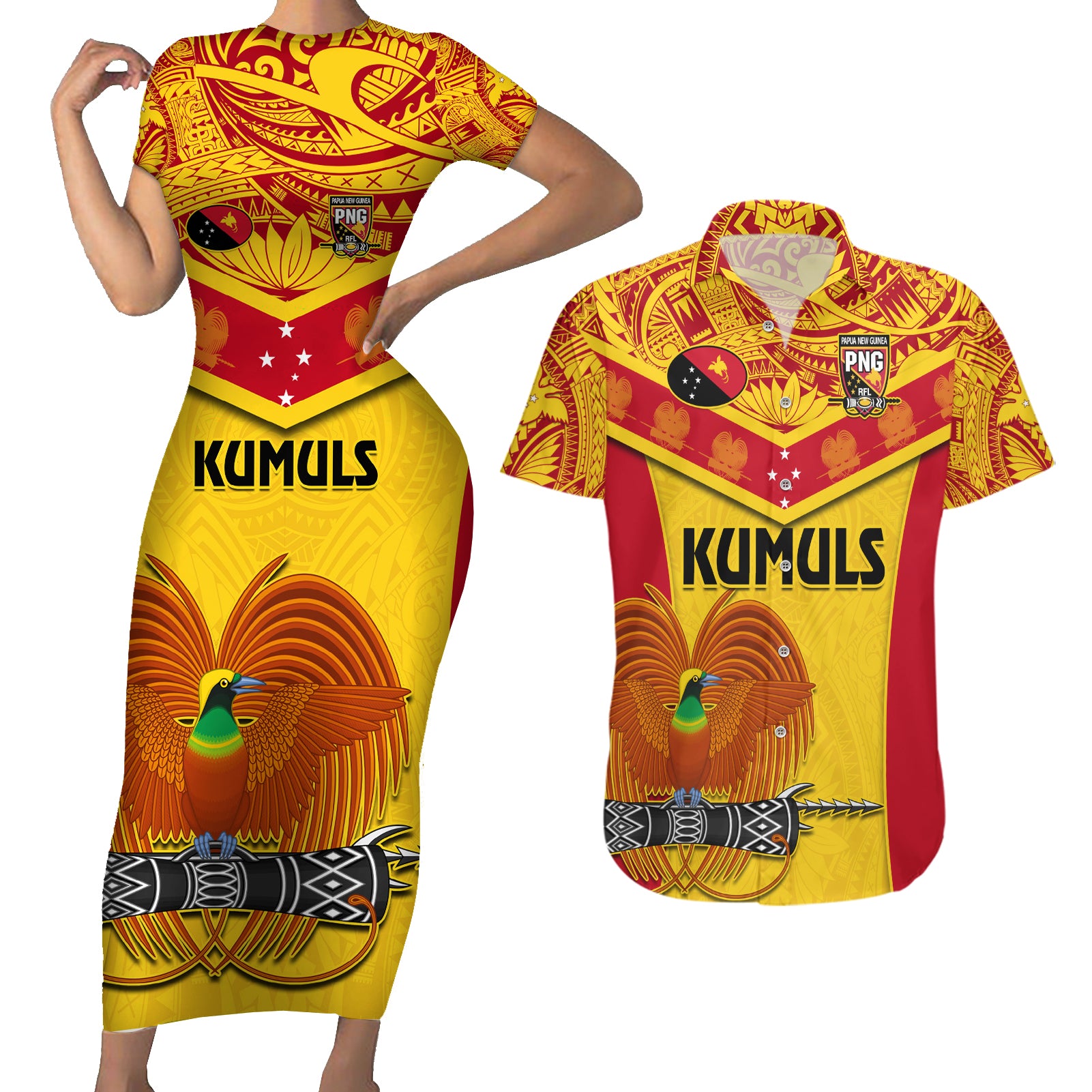 Custom Papua New Guinea Rugby Couples Matching Short Sleeve Bodycon Dress and Hawaiian Shirt 2023 Go Kumuls Pacific Dynamic Style LT14 Yellow - Polynesian Pride