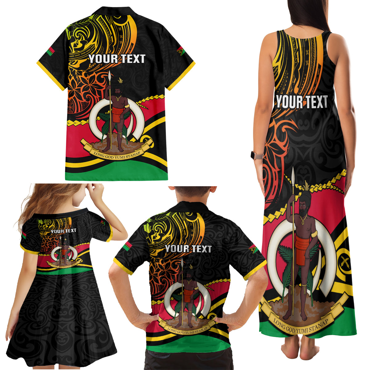 Personalised Vanuatu Unity Day Family Matching Tank Maxi Dress and Hawaiian Shirt 29 November Coat Of Arms With Flag Style LT14 - Polynesian Pride