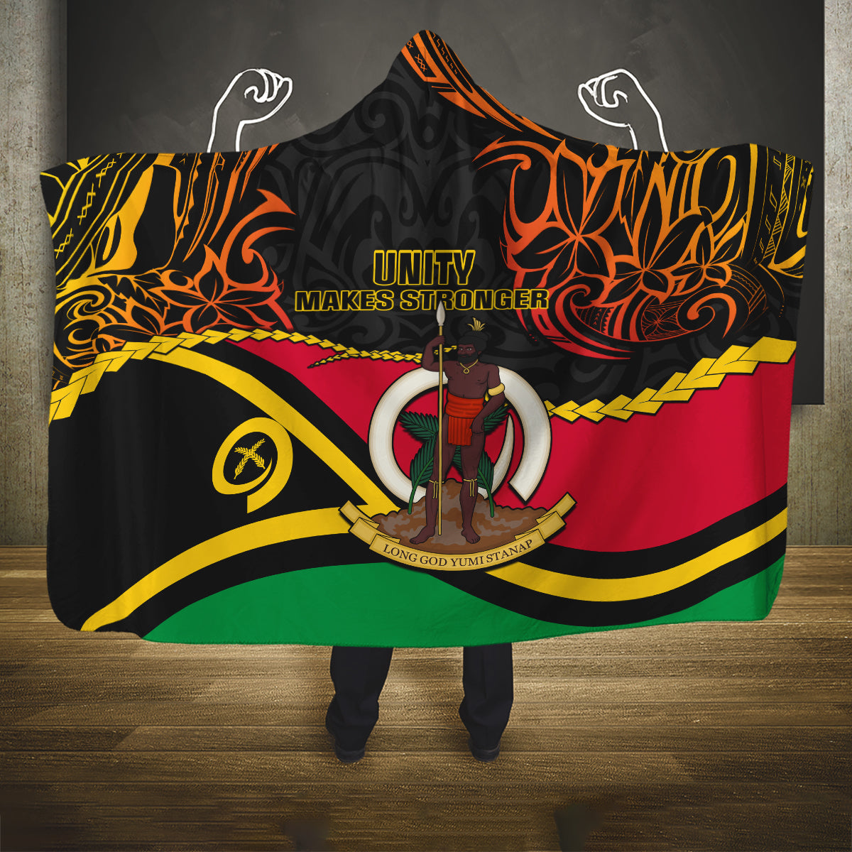 Vanuatu Unity Day Hooded Blanket 29 November Coat Of Arms With Flag Style LT14 One Size Black - Polynesian Pride