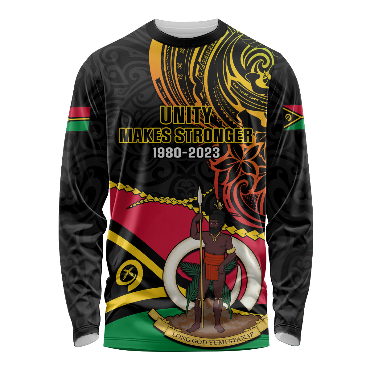 Personalised Vanuatu Unity Day Long Sleeve Shirt 29 November Coat Of Arms With Flag Style LT14 Unisex Black - Polynesian Pride