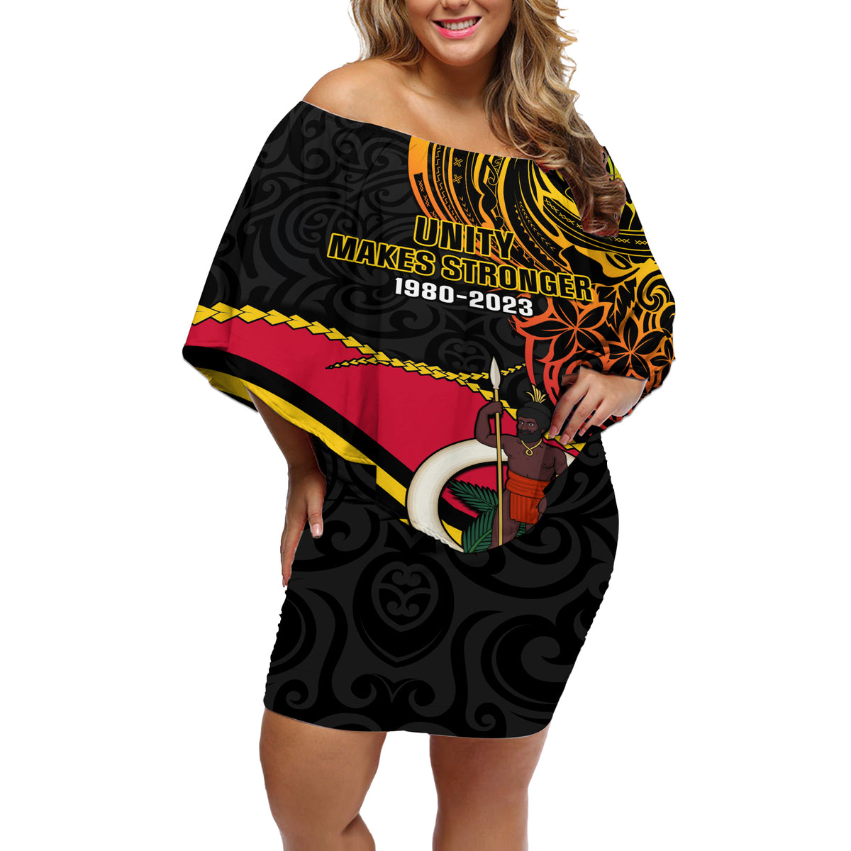 Personalised Vanuatu Unity Day Off Shoulder Short Dress 29 November Coat Of Arms With Flag Style LT14 Women Black - Polynesian Pride