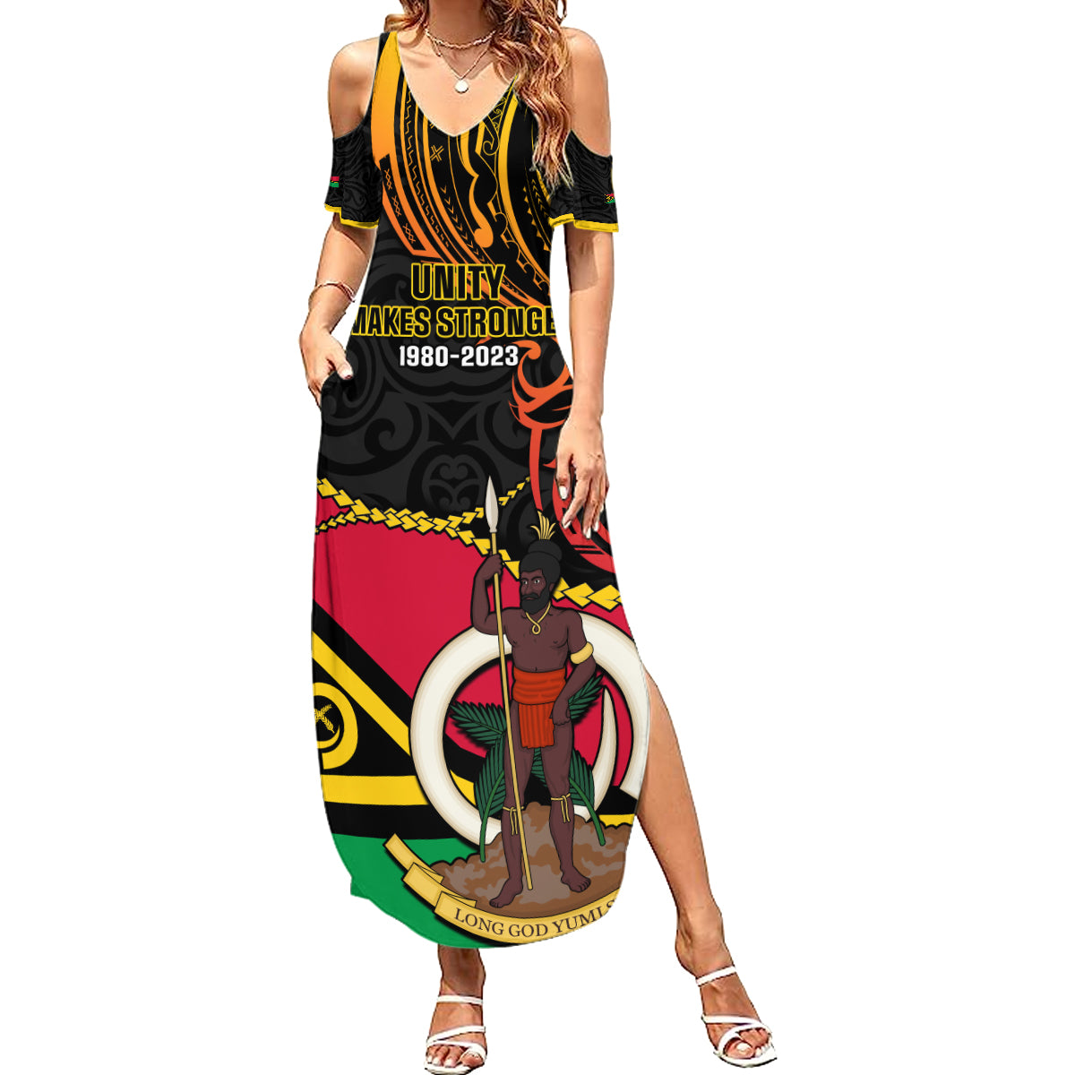 Personalised Vanuatu Unity Day Summer Maxi Dress 29 November Coat Of Arms With Flag Style LT14 Women Black - Polynesian Pride