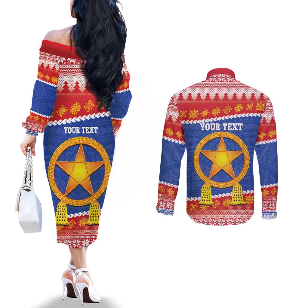 Personalized The Philippines Christmas Couples Matching Off The Shoulder Long Sleeve Dress and Long Sleeve Button Shirt Pilipinas Parol - Maligayang Pasko!