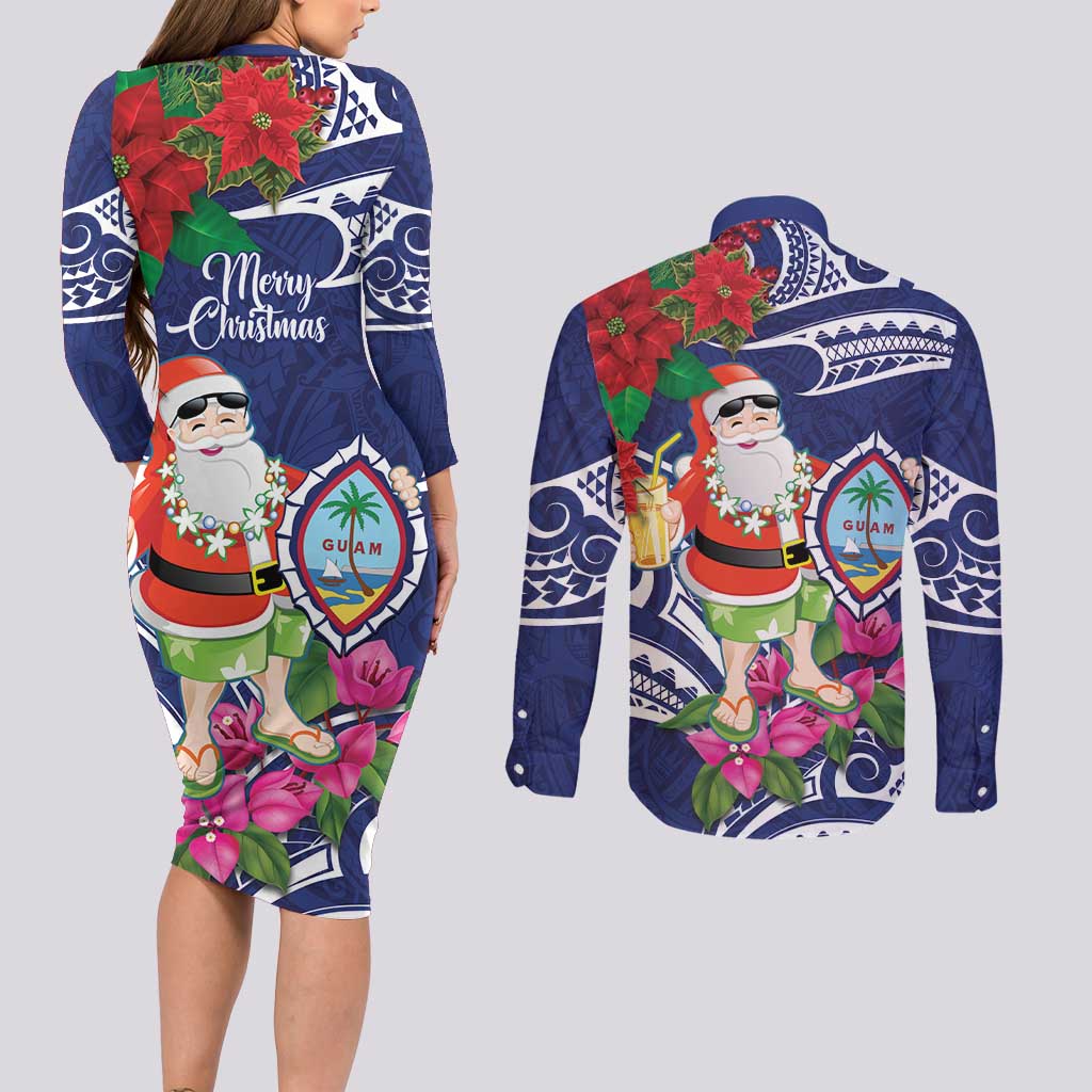 Guam Christmas Couples Matching Long Sleeve Bodycon Dress and Long Sleeve Button Shirt Poinsettia With Bougainvillea - Felis Pasgua!